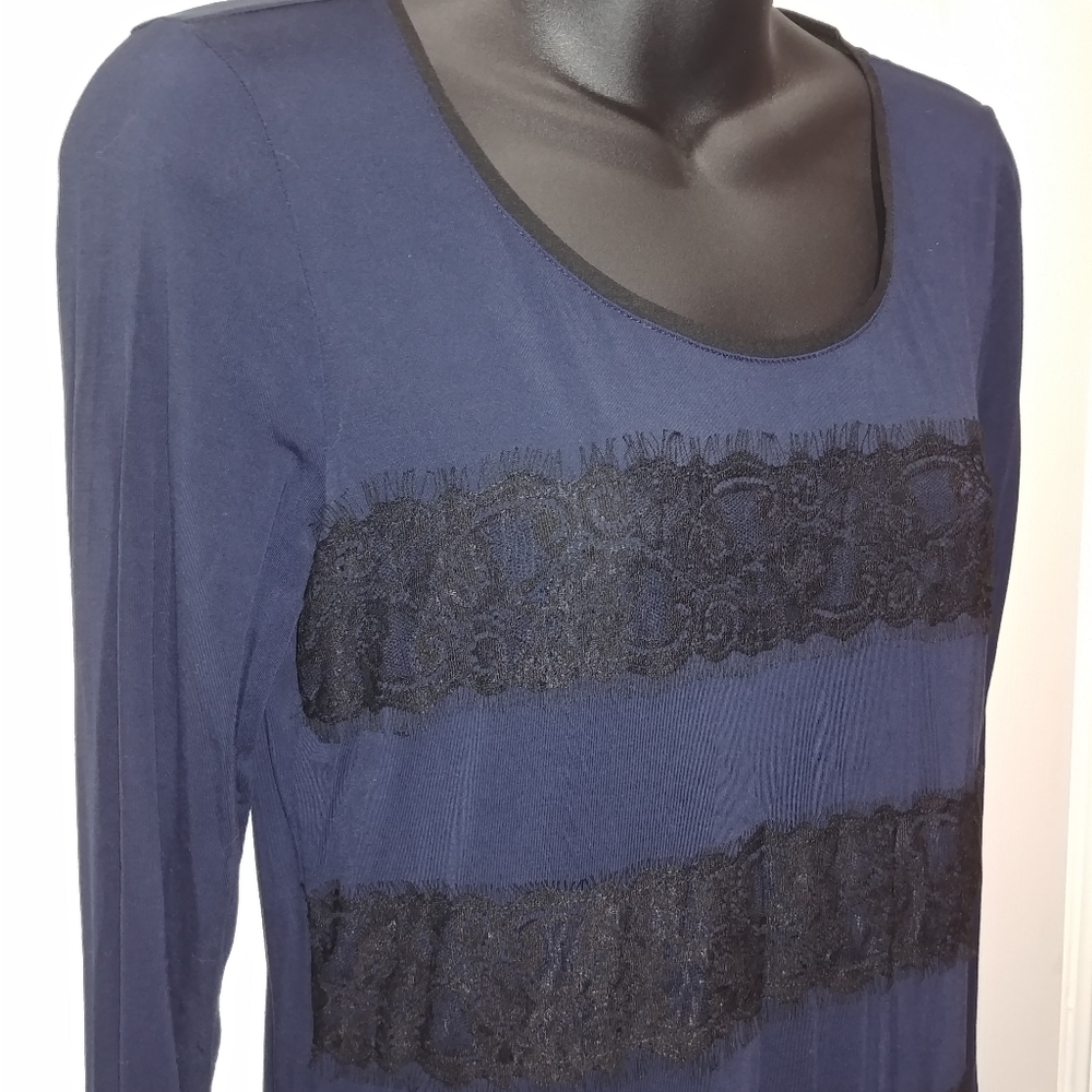 WHBM navy scoop neck longsleeve shirt with black lace stripes size Extra…
